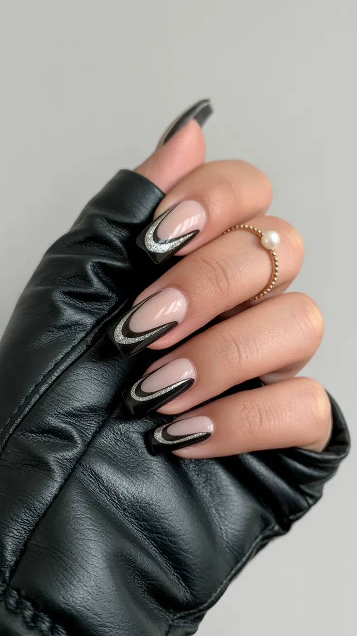 black nails Nude French Silver Curve Design
