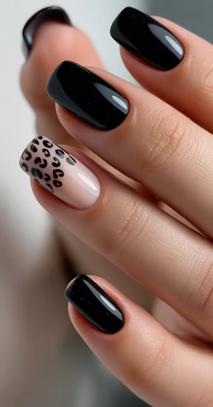 black nails Short Leopard Accent Design