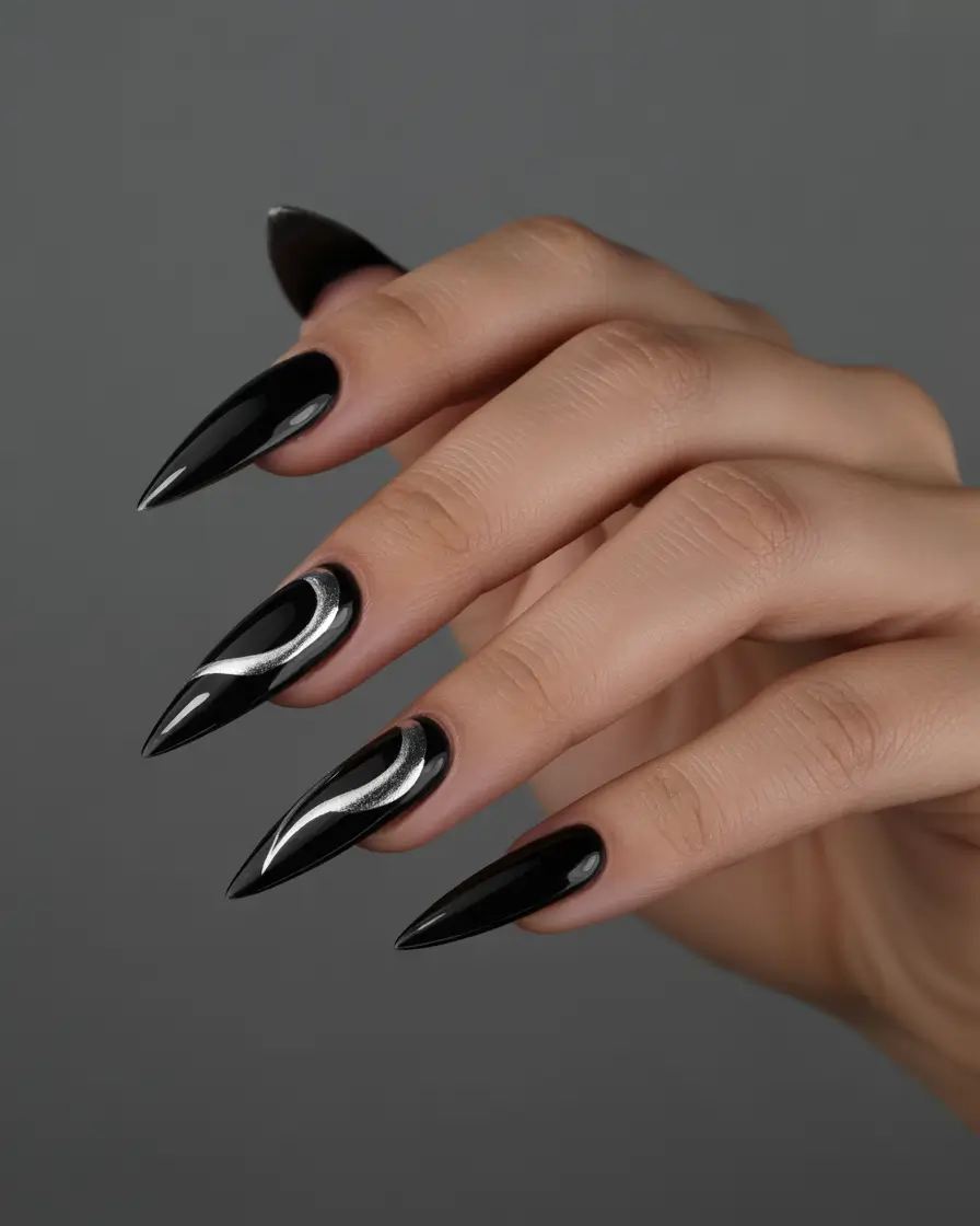 black nails Silver Flame Stiletto Design