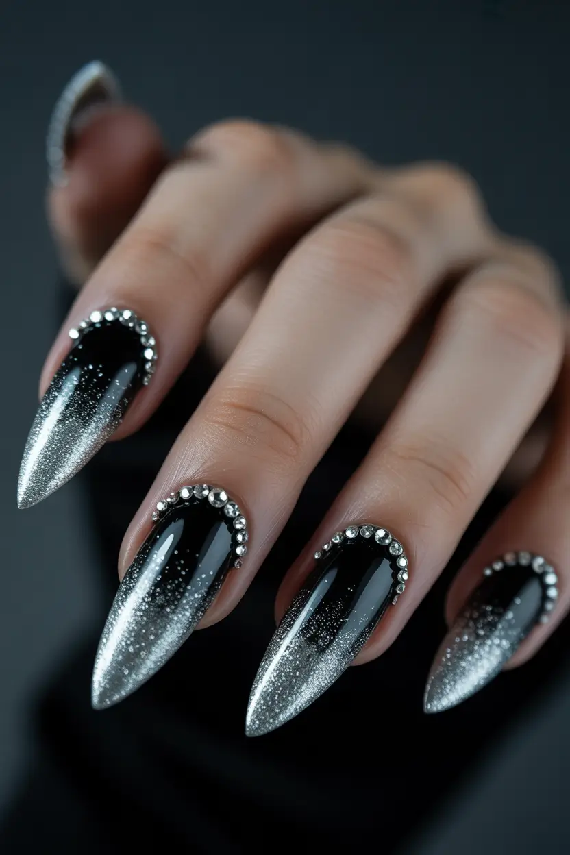 black nails Silver Gradient Crystal Design