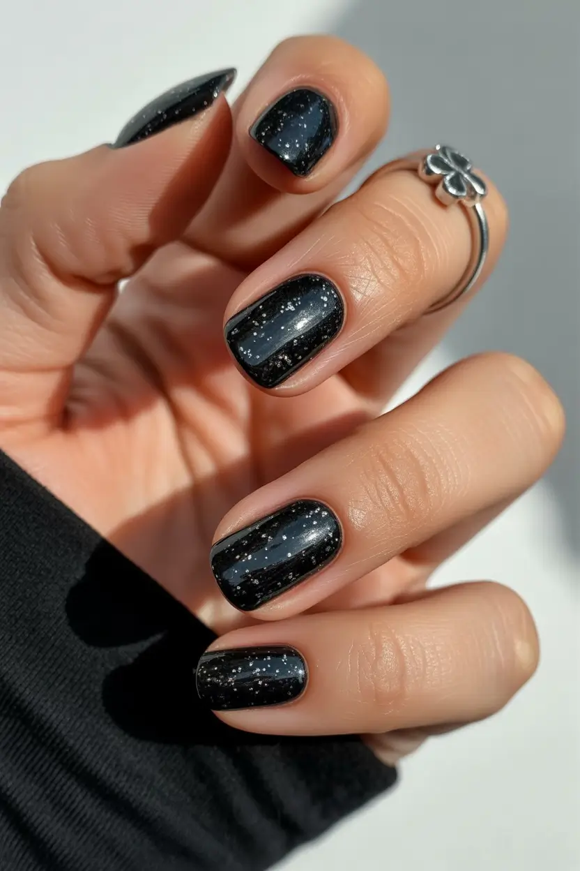 black nails Short Silver Sparkle Design