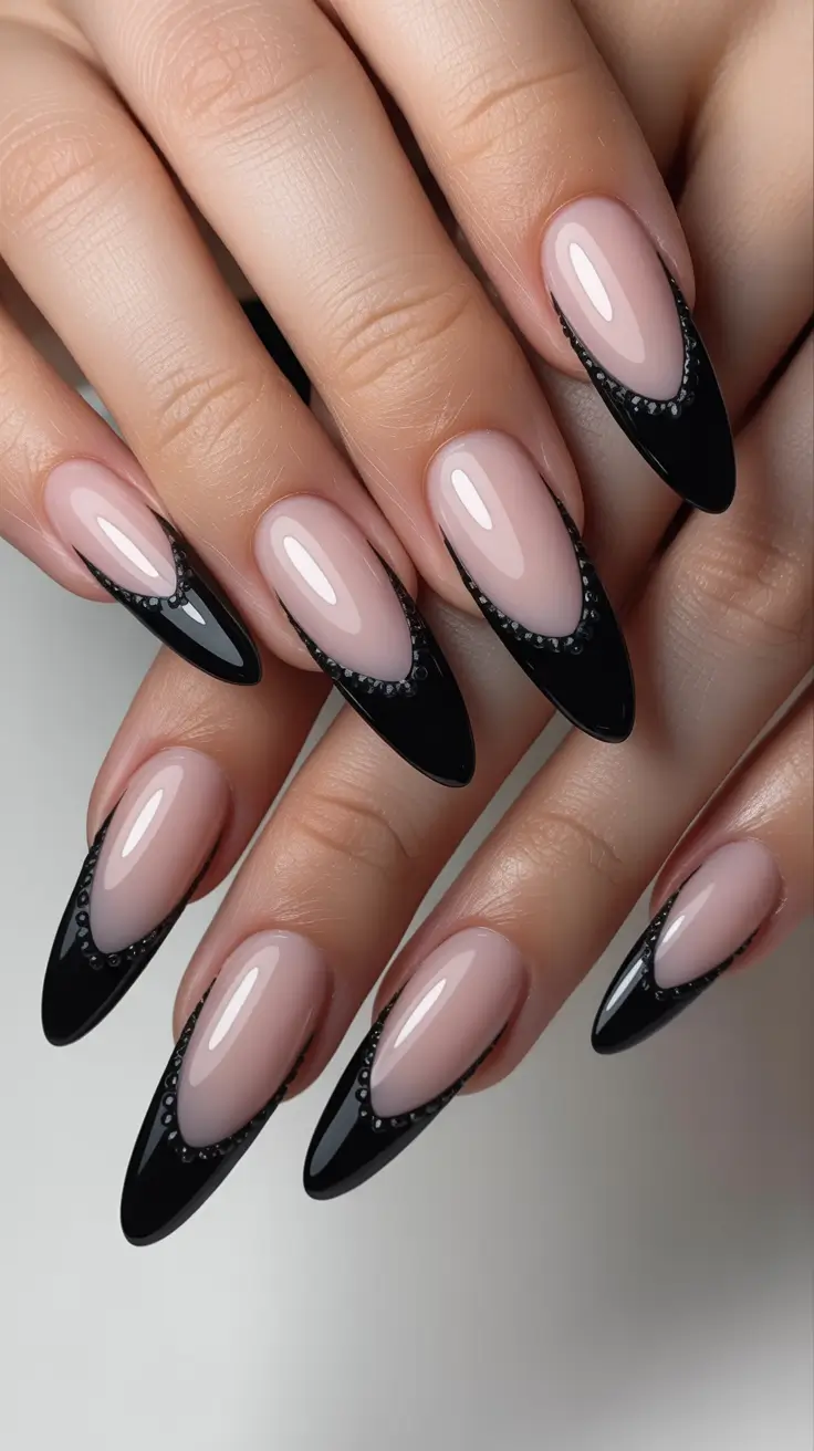 black nails Nude Almond French Texture Design
