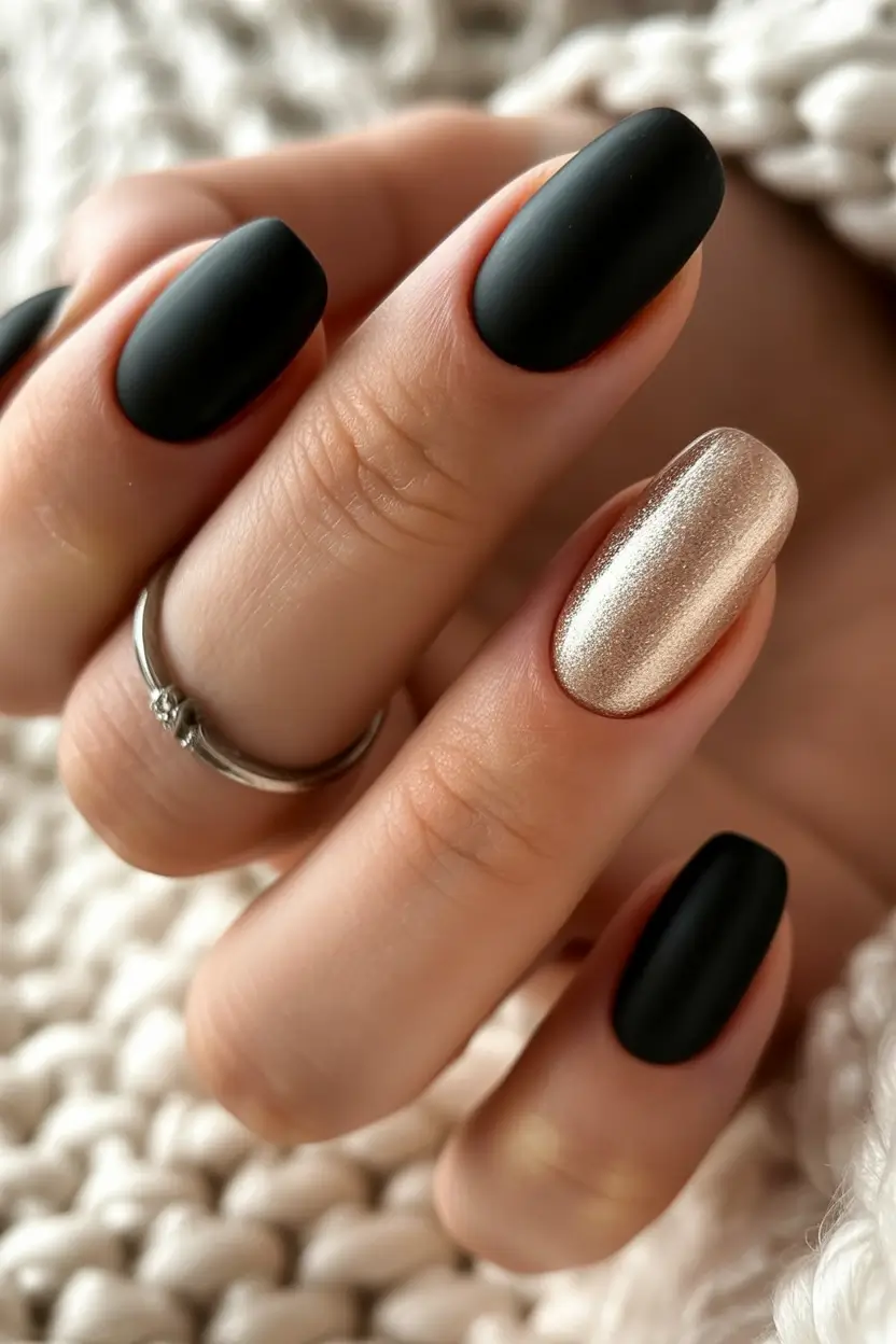 black nails Matte Gold Accent Design