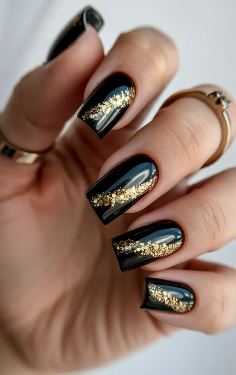 black nails Gold Foil Glossy Design