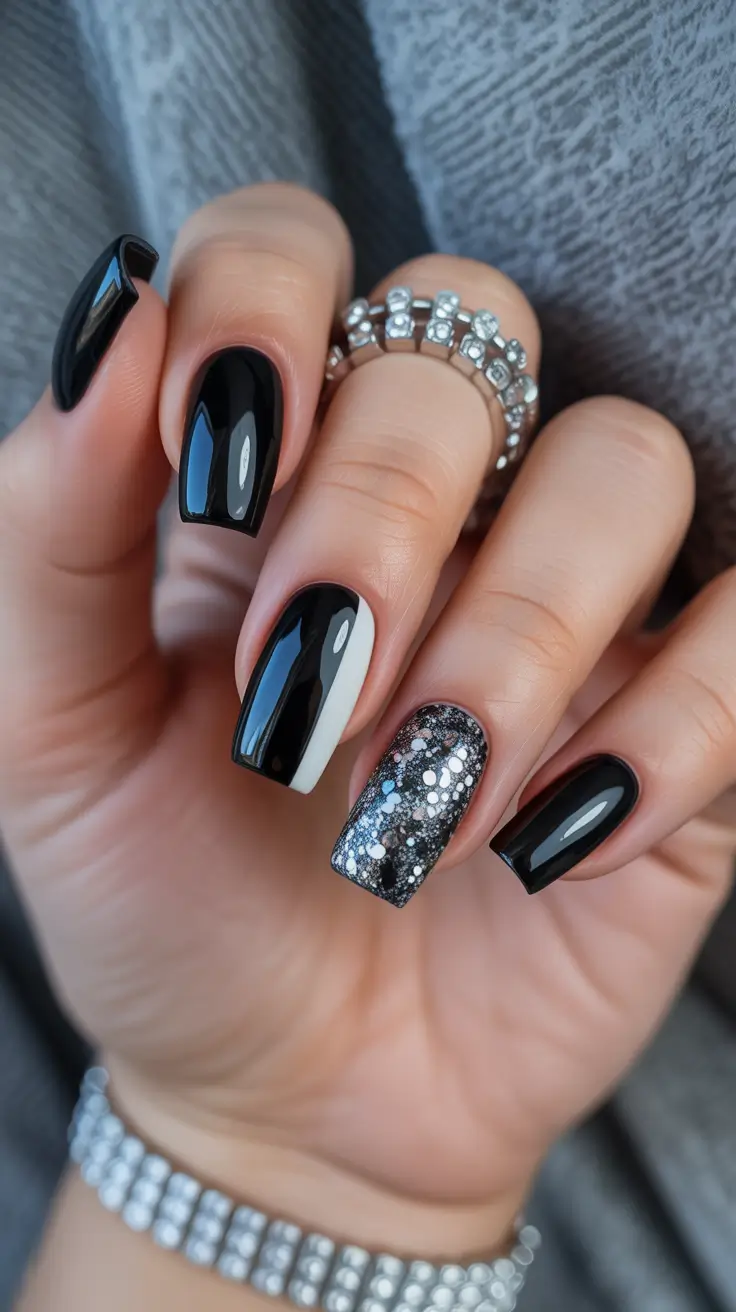 black nails White Glitter Accent Design