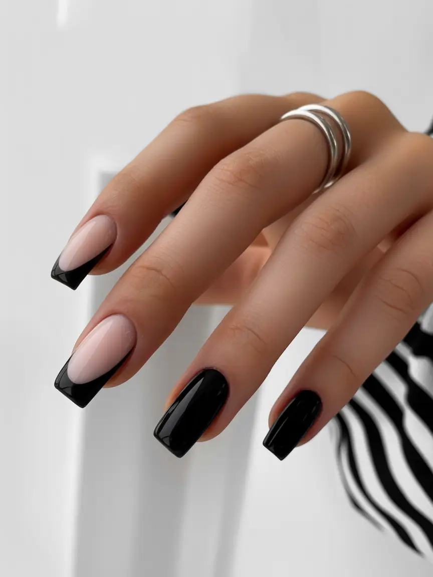 black nails Classic Nude Square French