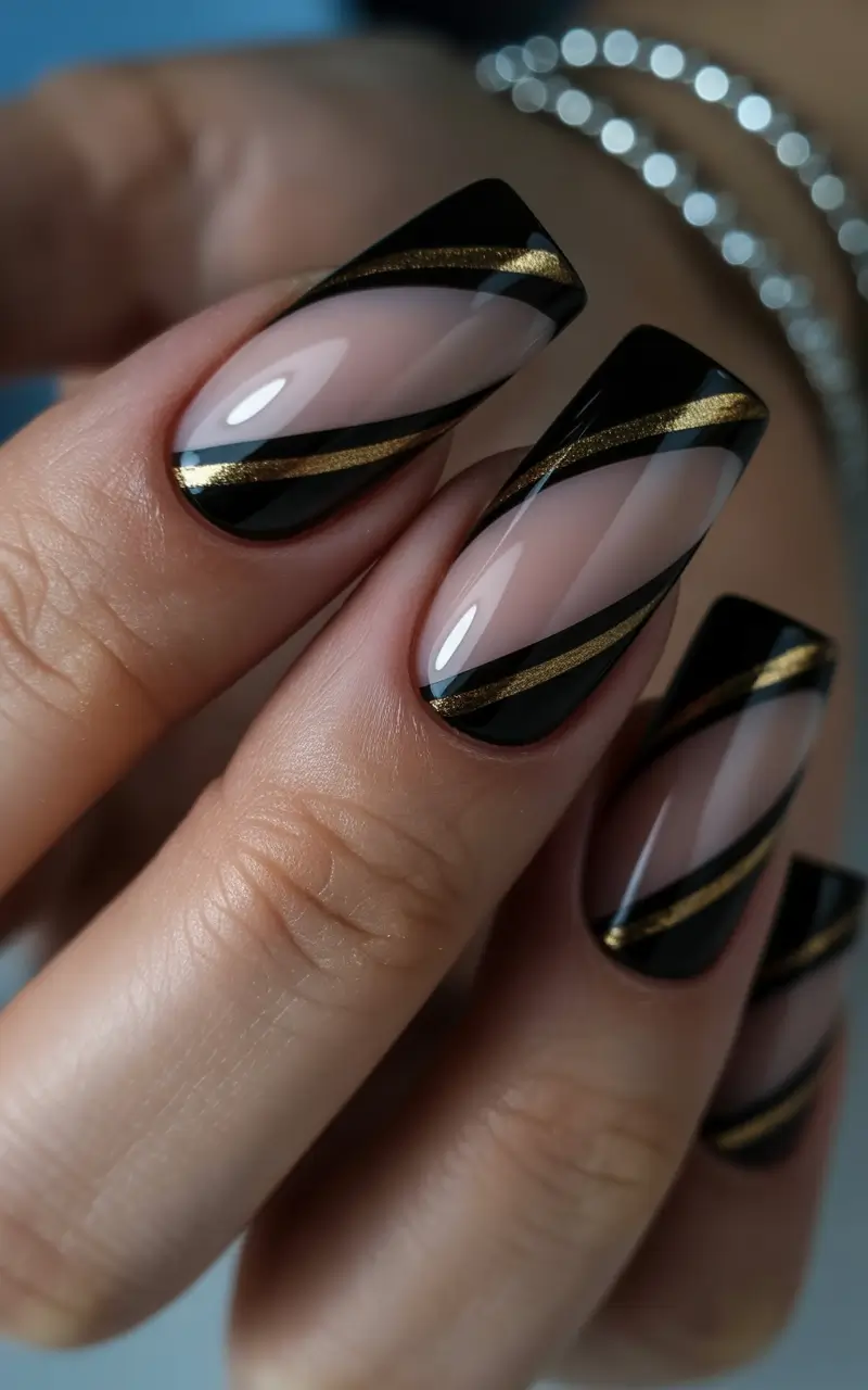 black nails Gold Wave Nude Design