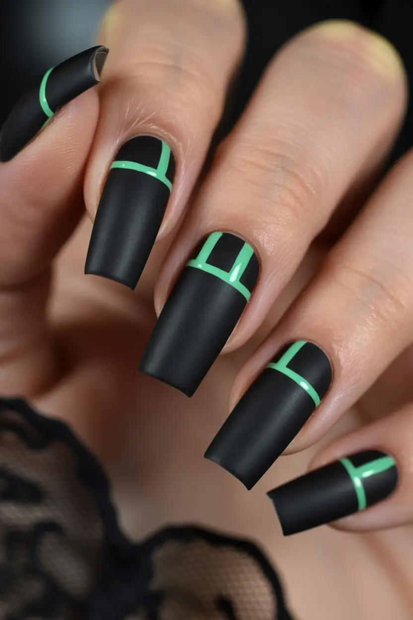 black nails Matte Green Graphic Design