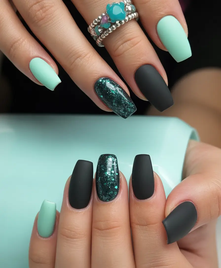 black nails Mint Glitter Accent Design