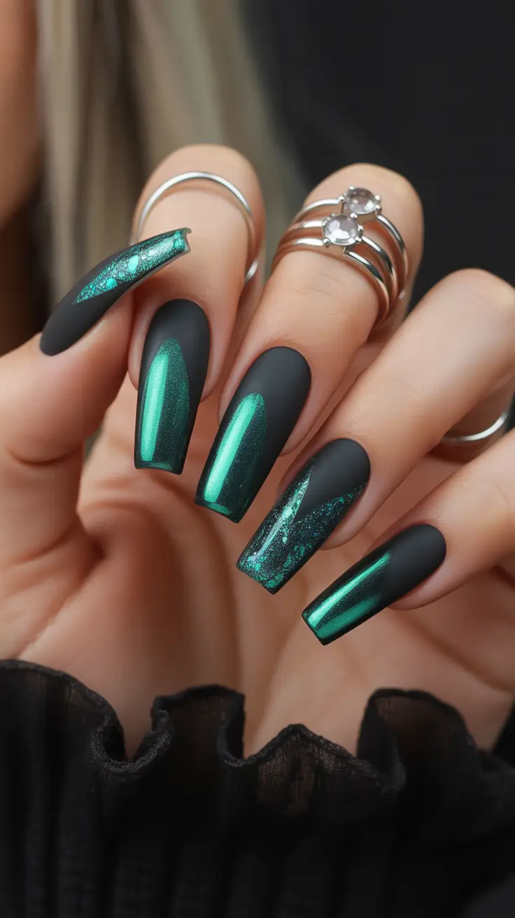 black nails Emerald Chrome Matte Design