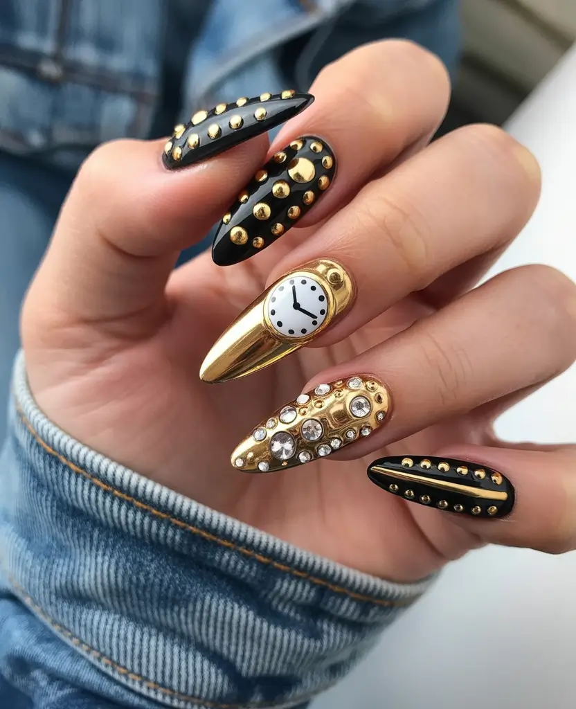black nails Gold Stud Statement Design