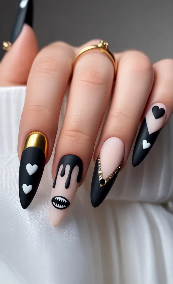 black nails Heart Art Mixed Finish Design