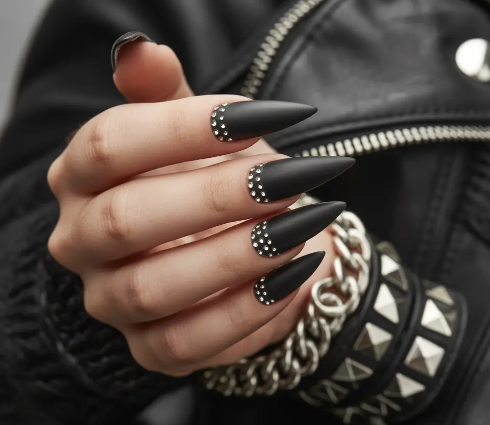 black nails Matte Stiletto With Crystal Accents