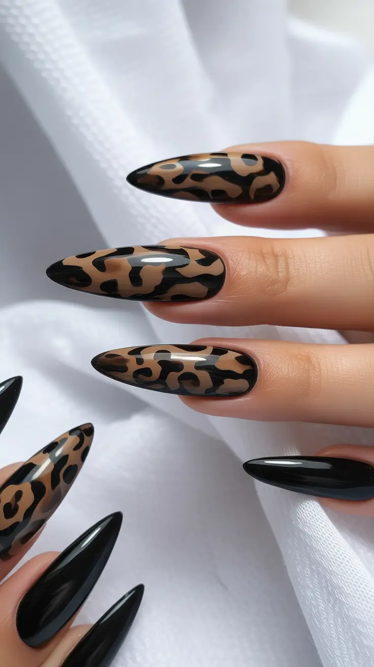 black nails Leopard Pattern With Neutral Base