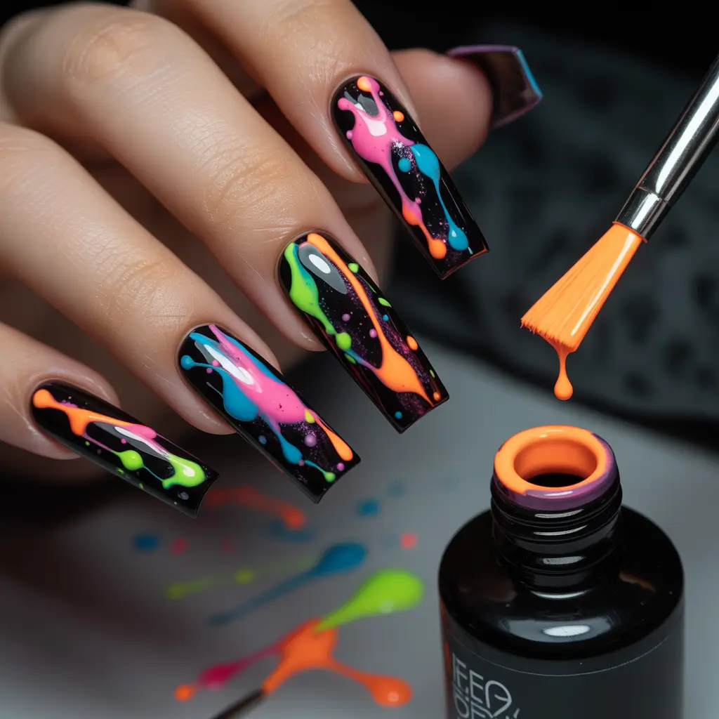black nails Neon Color Splash Art