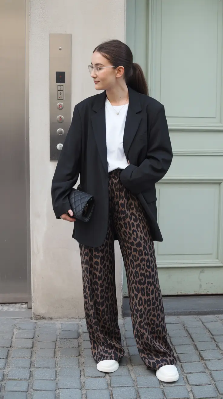 blazer outfits Relaxed Black Blazer with Patterned Confidence