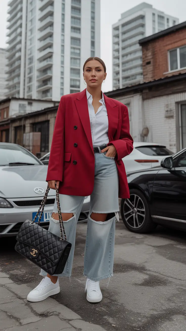 blazer outfits Red Blazer Energy with Denim Ease