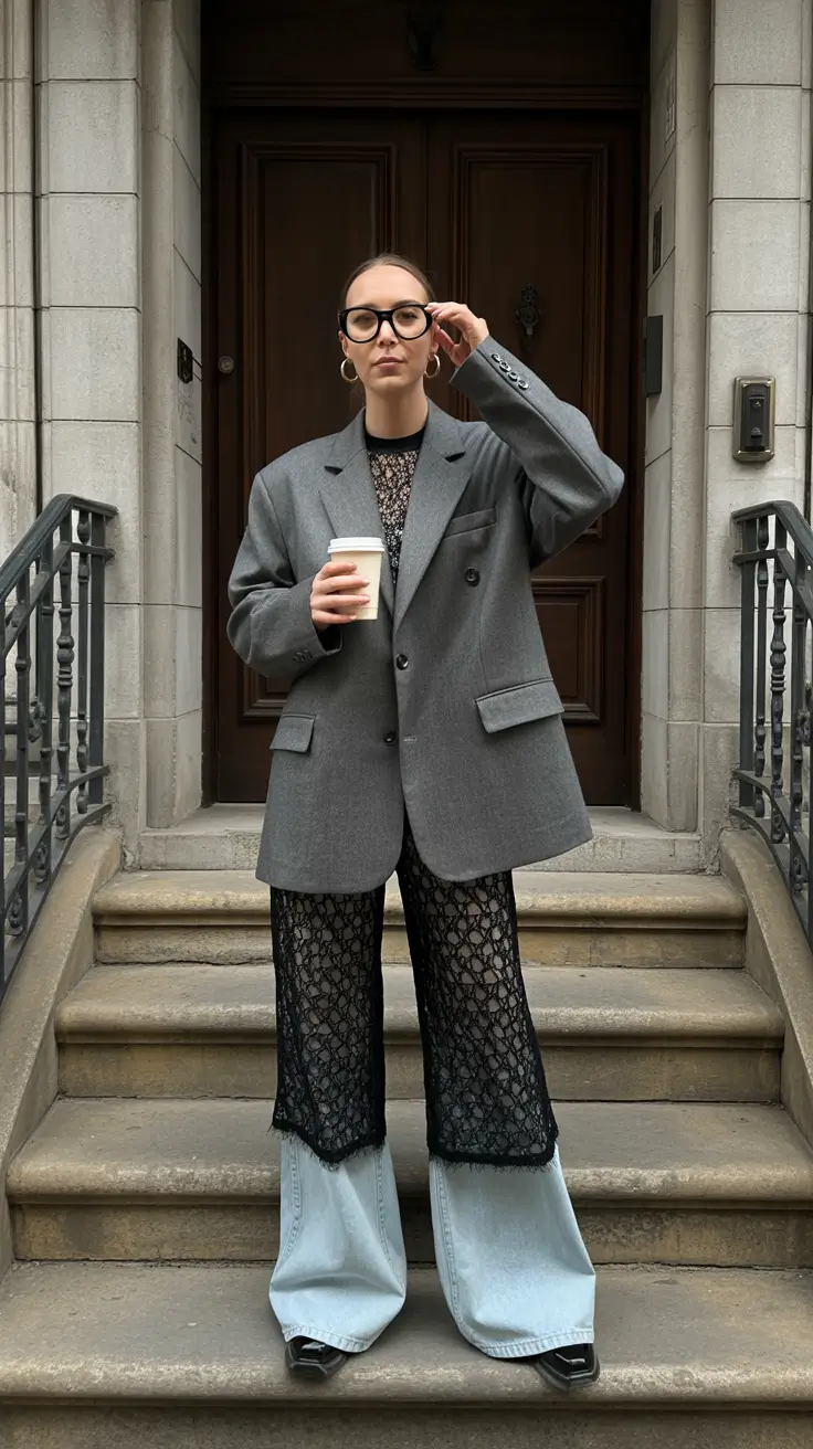 blazer outfits Grey Blazer Balance with Lace and Denim