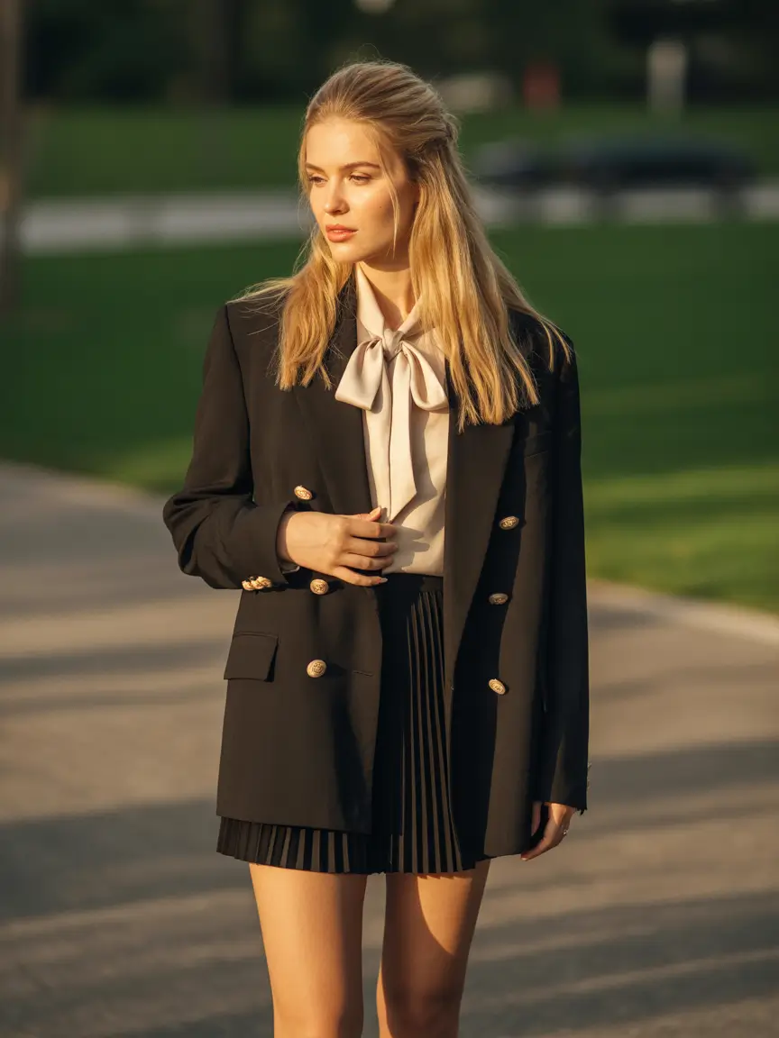 blazer outfits Soft Black Blazer with Romantic Detailing