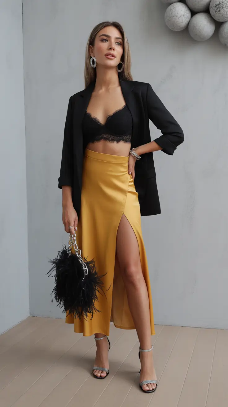 blazer outfits Soft Glam Meets Casual Ease with a Black Blazer and Yellow Skirt