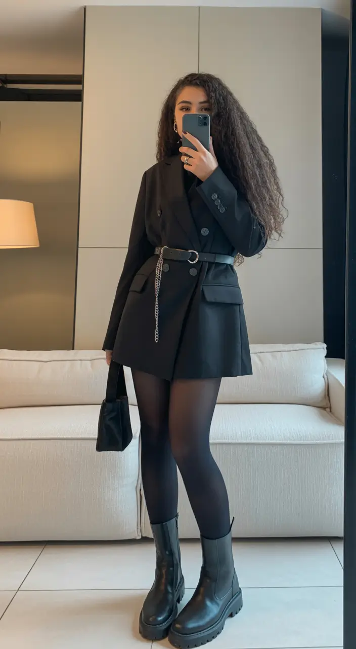blazer outfits Black Blazer as a Dress with Urban Edge