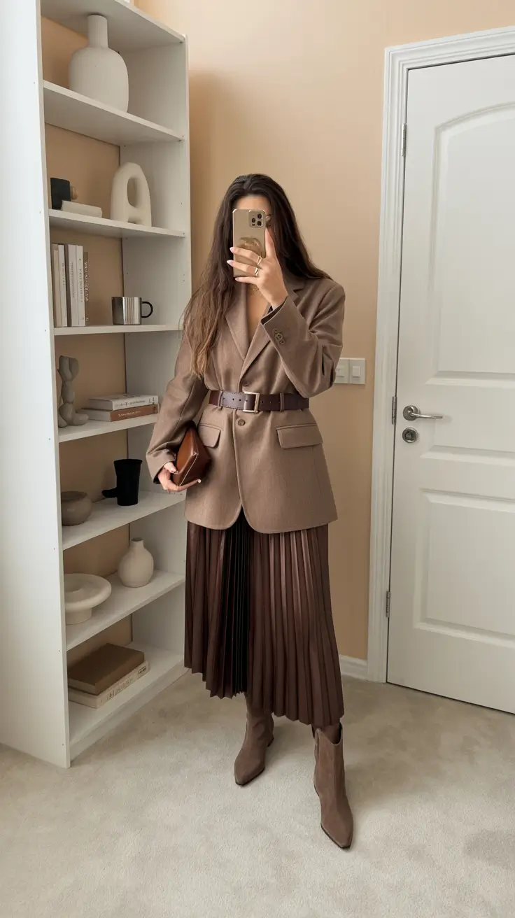 blazer outfits Brown Blazer Romance with Pleated Movement