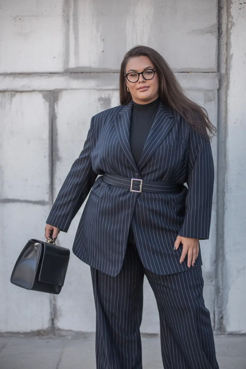 blazer outfits Pinstripe Elegance with a Belted Silhouette