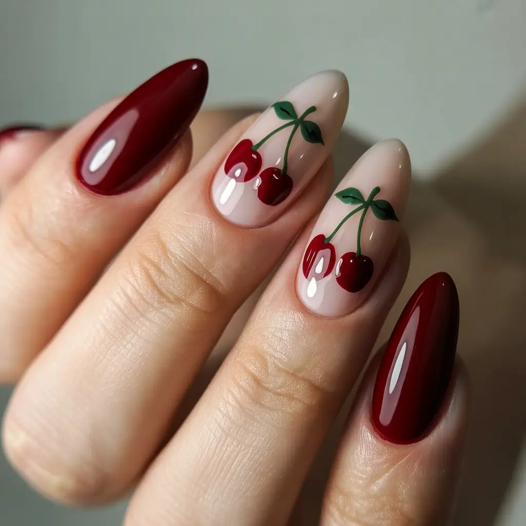 cherry nails Glossy Burgundy Almond Cherry Moment