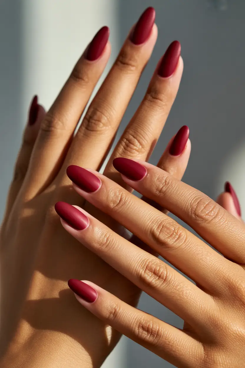 cherry nails Velvet Matte Cherry Red Almond Nails