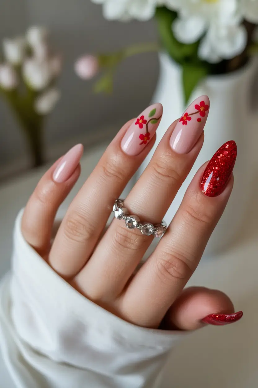 cherry nails Soft Pink Cherry Blossoms with Red Glitter Accent