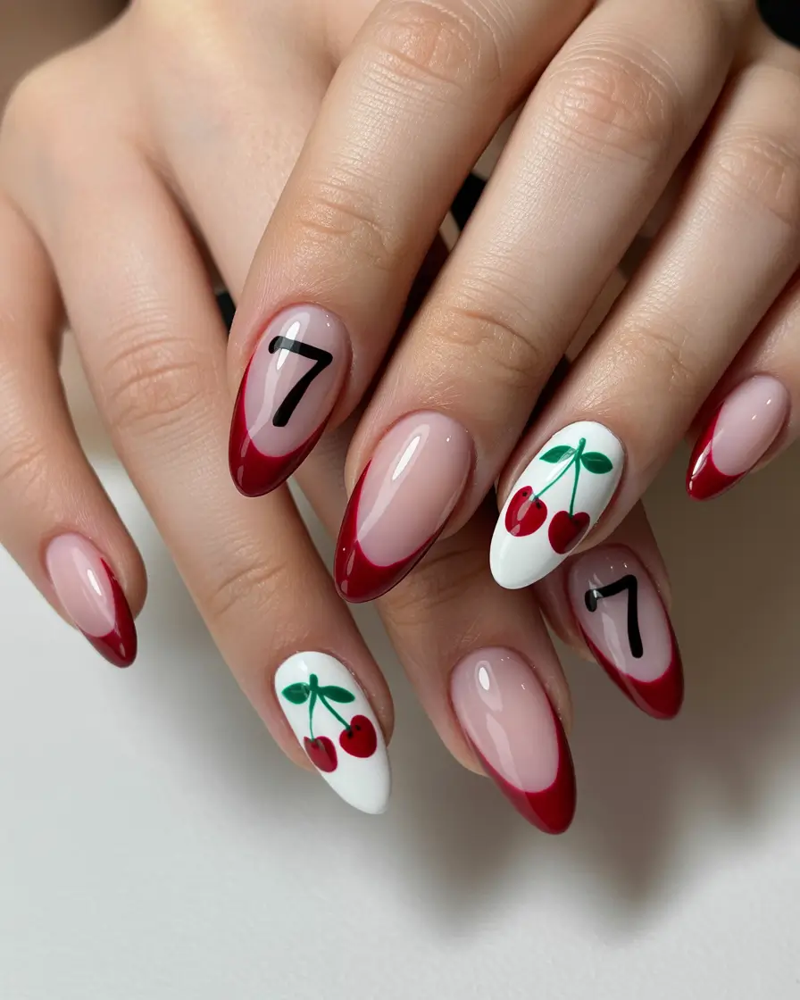 cherry nails French Cherry Nails with Graphic Number Detail
