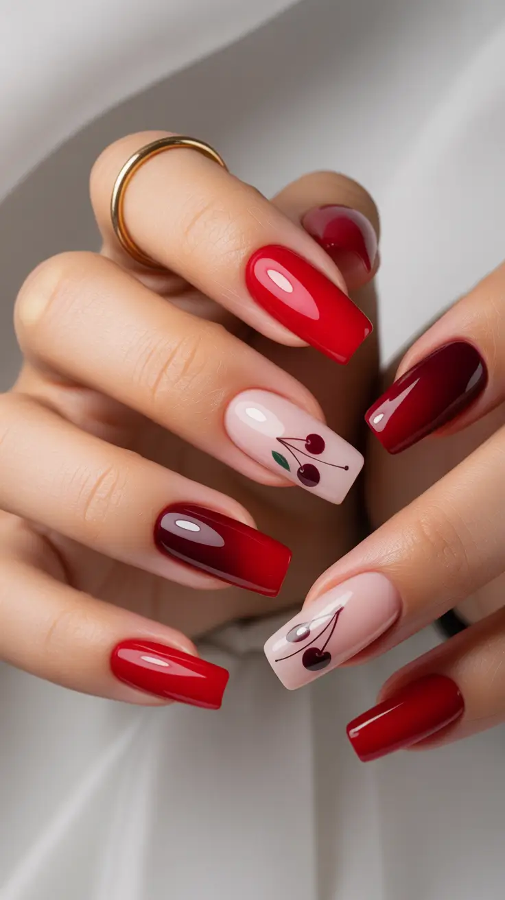 cherry nails Modern Square Cherry Nails in Red and Mocha Tones