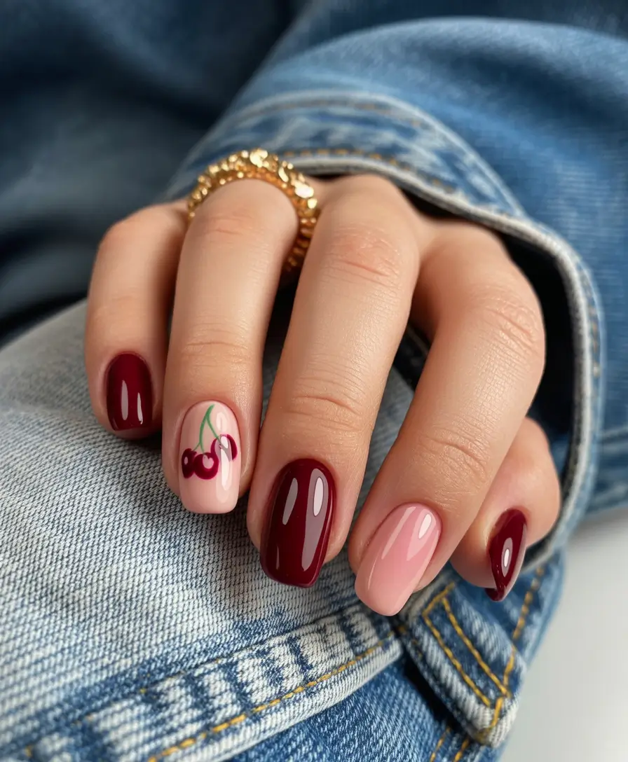 cherry nails Everyday Cherry Nails with Denim Mood
