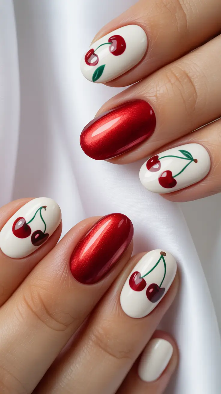 cherry nails Metallic Red Cherry Nails with Clean White Base