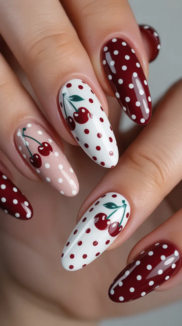 cherry nails Polka Dot Cherry Nails with Retro Charm