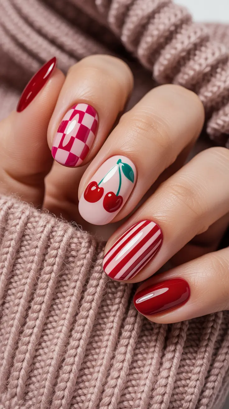 cherry nails Cozy Cherry Nails with Checks and Stripes