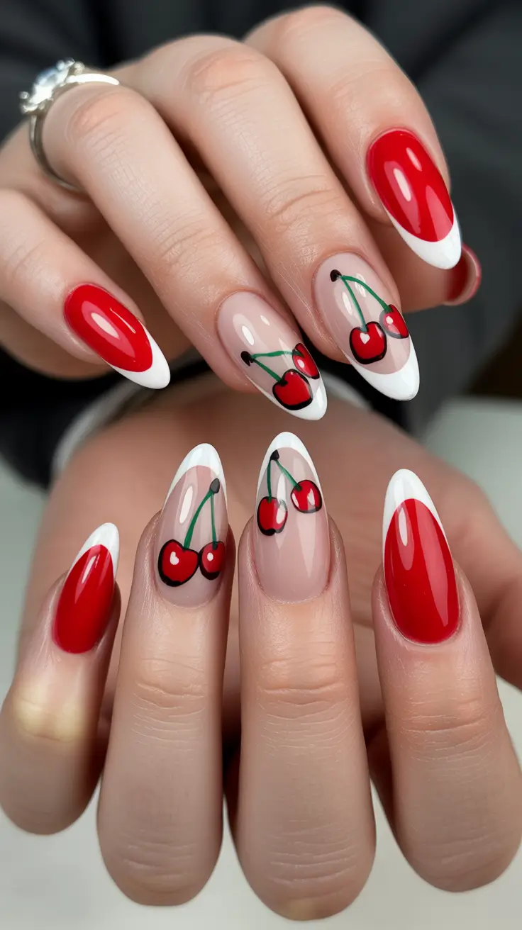 cherry nails Classic Red French Tip with Cherry Accent