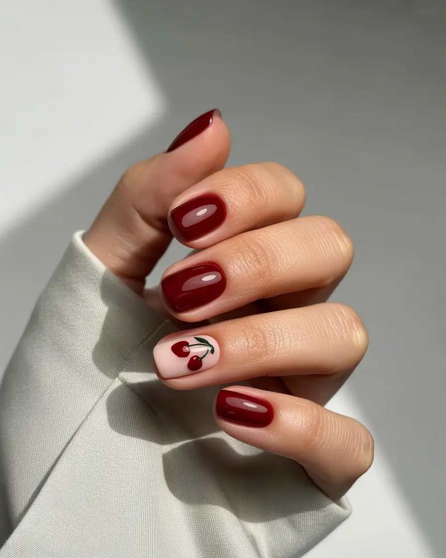 cherry nails Minimal Cherry Accent on Deep Red Short Nails