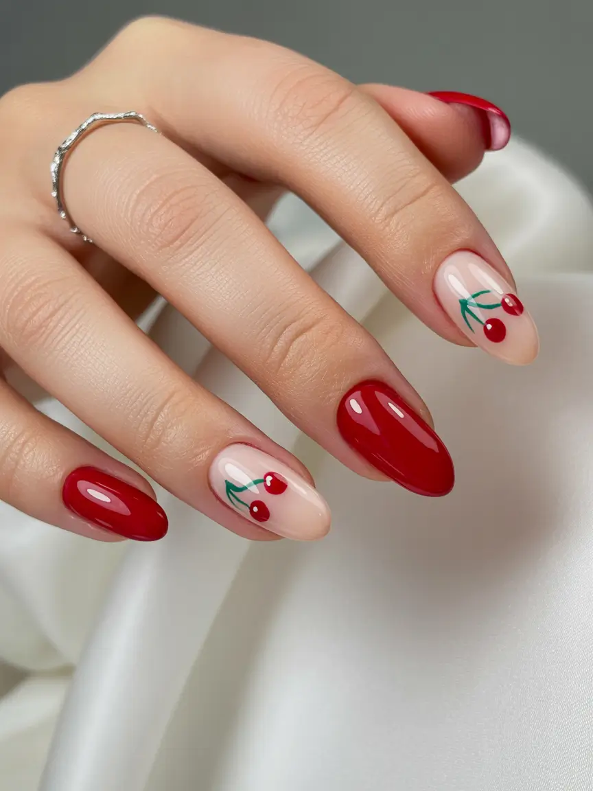 cherry nails Classic Cherry Almond Nails with Soft Nude Balance