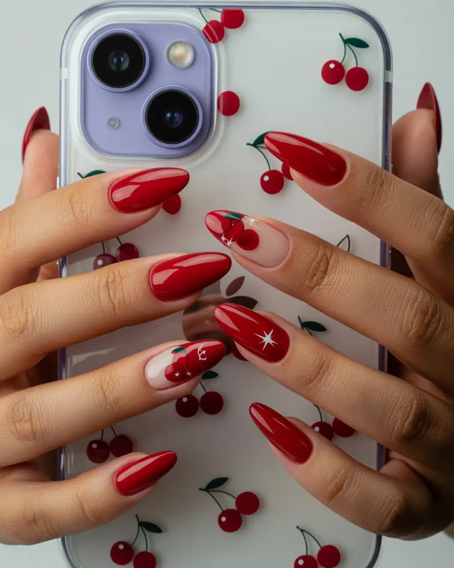 cherry nails Bold Red Cherry Nails with Subtle Star Accents