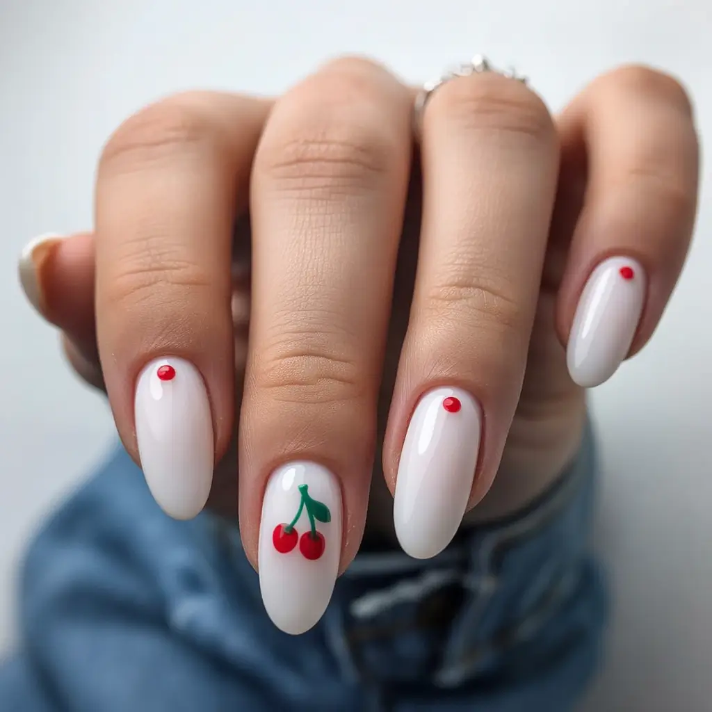 cherry nails Minimal White Cherry Nails with Micro Red Details