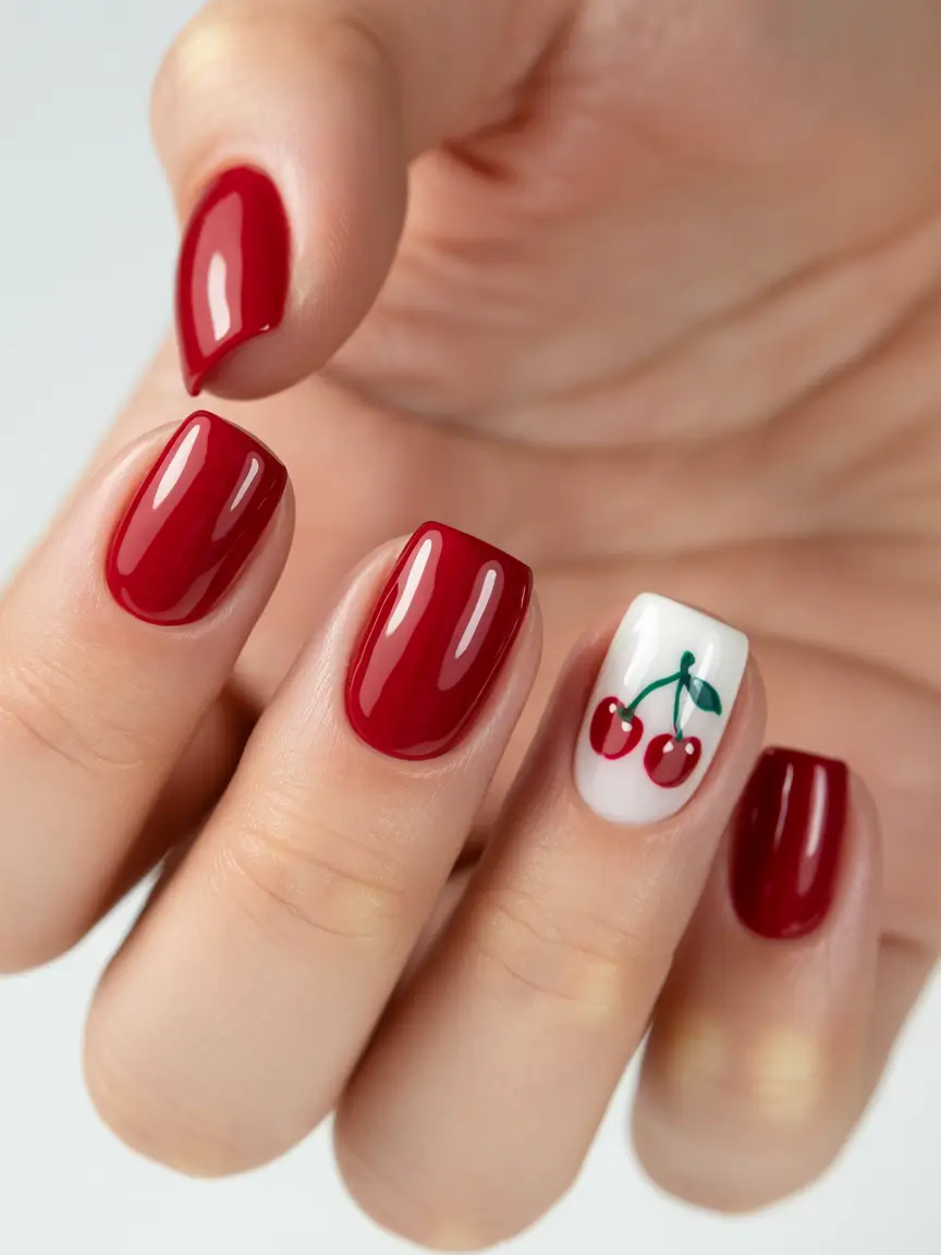 cherry nails Clean Red Gloss with a Single Cherry Statement