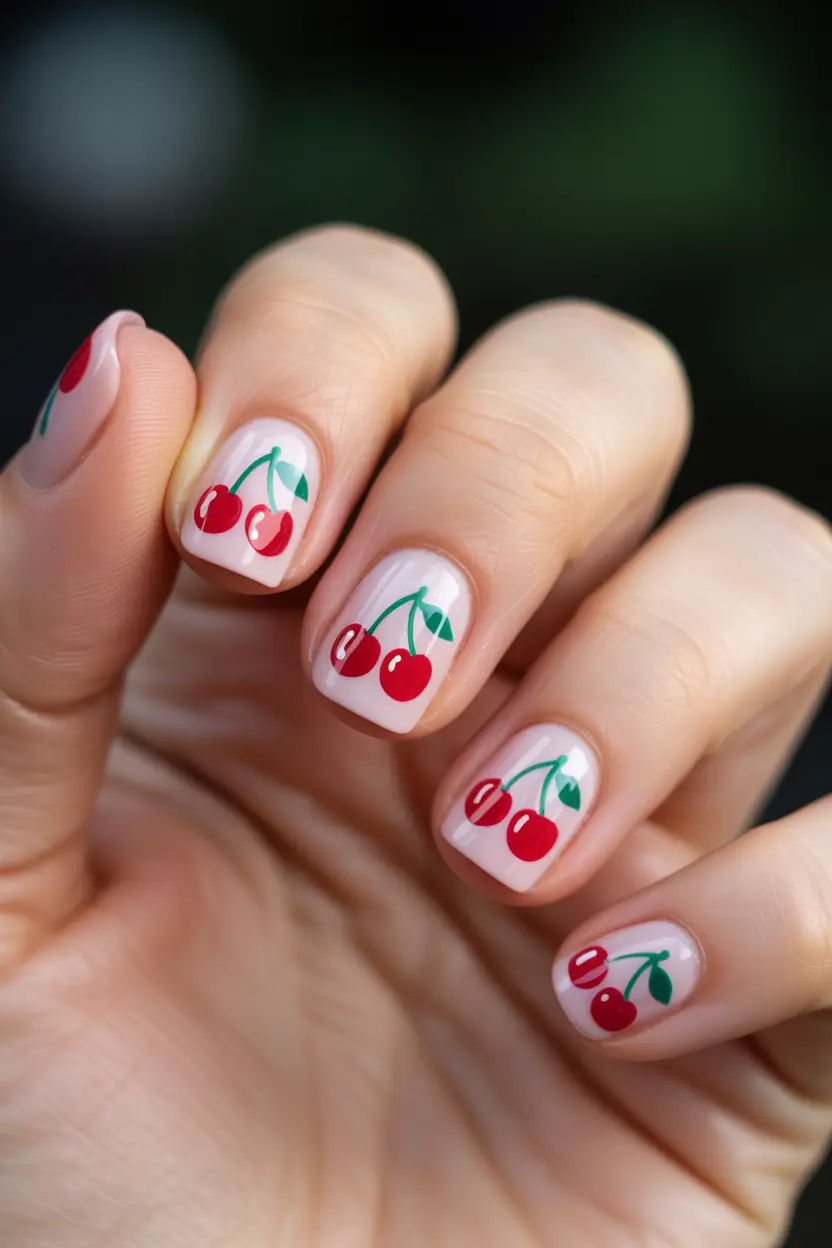 cherry nails Soft Pink Base with Classic Cherry Motifs
