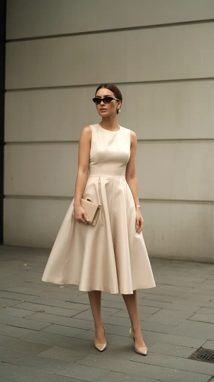 classy outfits Soft Cream Midi Dress with Minimal Accessories
