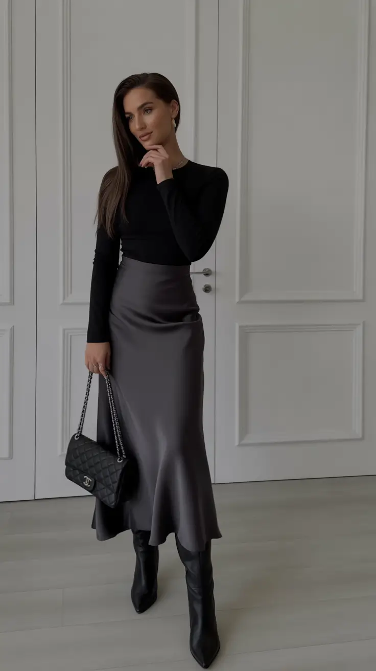 classy outfits Black Long-Sleeve Top with Charcoal Satin Skirt