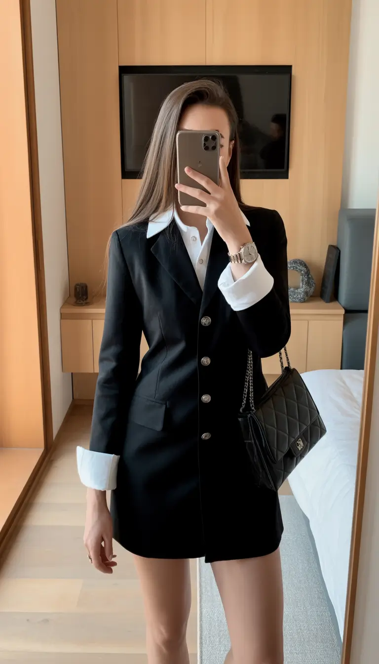classy outfits Black Blazer Dress with White Cuffs and Collar