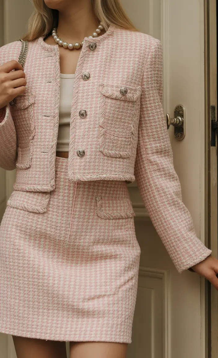 classy outfits Soft Pink Tweed Set with Mini Skirt