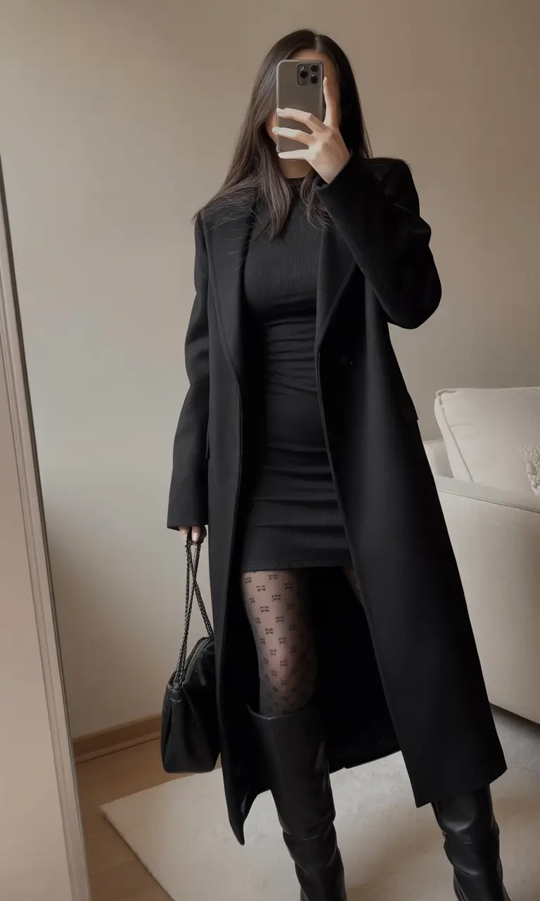 classy outfits All-Black Winter Look with Long Coat and Ribbed Dress