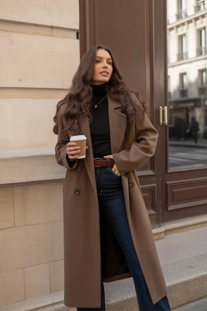 classy outfits Warm Brown Coat with Black Turtleneck and Dark Denim