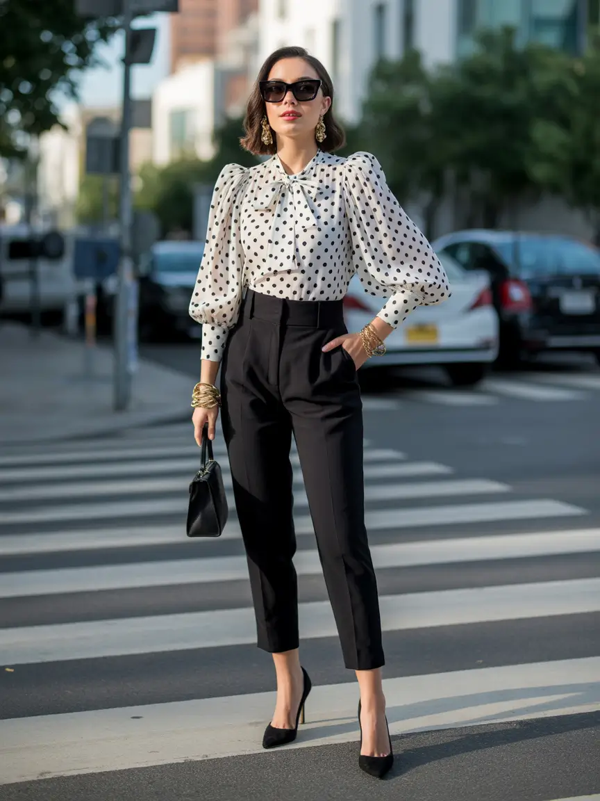 classy outfits Polka-Dot Retro Chic with Tailored Pants